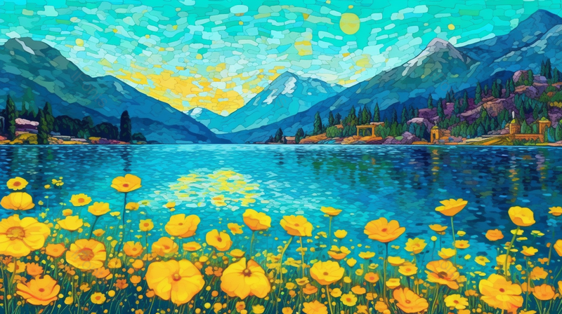 夏日草地盛开的黄花湖面风景,插画/手绘图,插画/手绘图库,插画/手绘图下载,插画/手绘